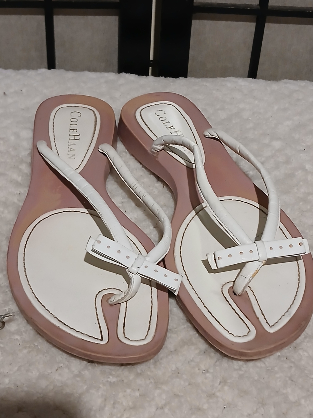 Cole Haan White and Blush Thong Sandals with Bow Accent